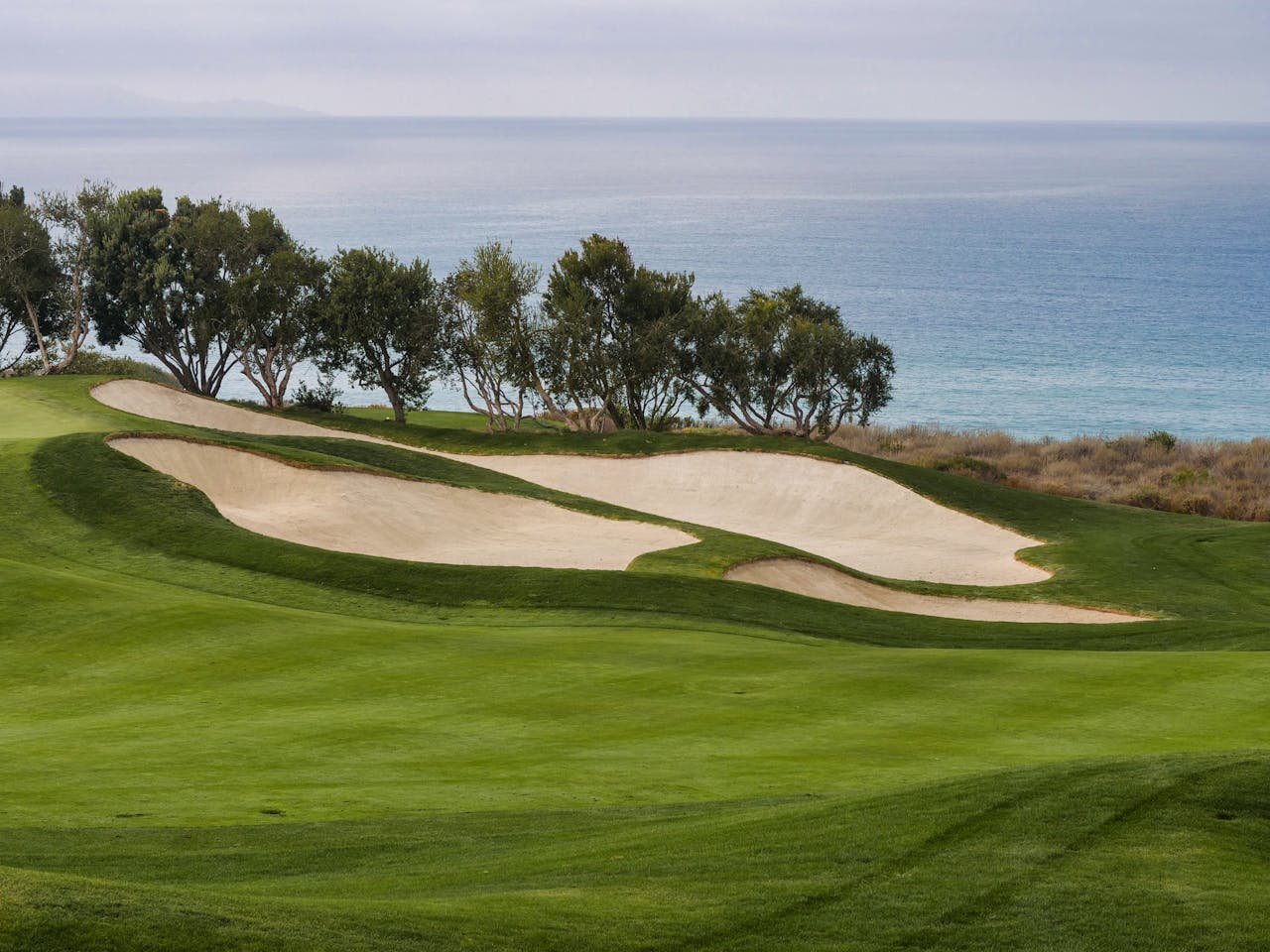 Golf course by the sea with green fairway and sandy bunkers under a cloudy sky.